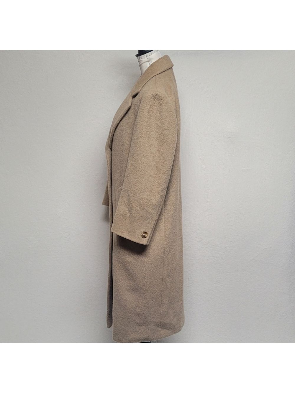 80s Vintage Jones New York Tan Pure Wool Notched Collar Longline Trench Coat XL - Picture 5 of 14
